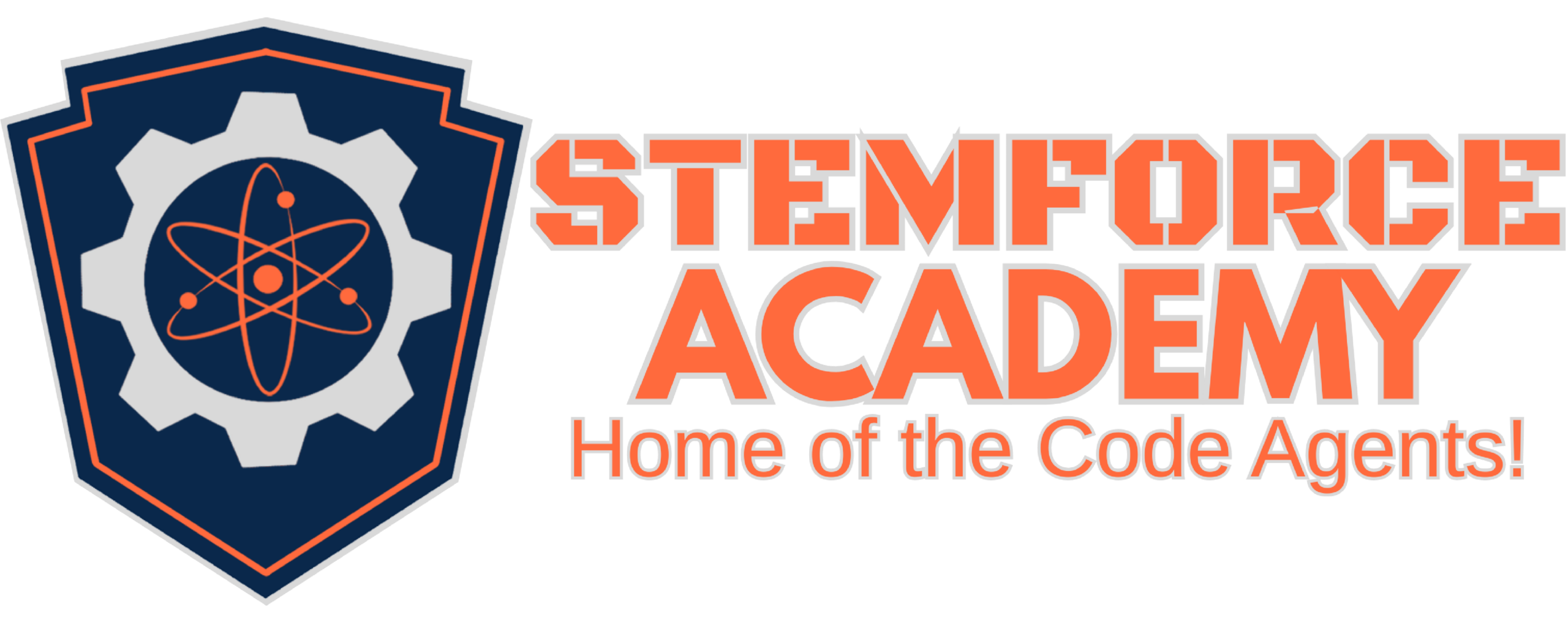 The Stemforce Academy logo features a navy blue shield with a gear and atom symbol, accompanied by orange text reading 'STEMFORCE ACADEMY - Home of the Code Agents!'