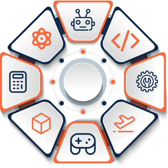A circular arrangement of technology and development service icons in orange and blue with a central blank circle representing digital solutions and IT services.