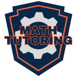 A professional shield-shaped logo for a math tutoring service featuring navy blue and orange colors with a gear icon and bold text overlay.