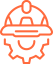 A line art illustration of a hard hat and safety equipment with gears, representing industrial work and occupational safety.
