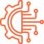 An orange line-art icon depicting an artificial intelligence chip with a gear wheel on the left and circuit connection nodes extending to the right, representing technology and digital processing.