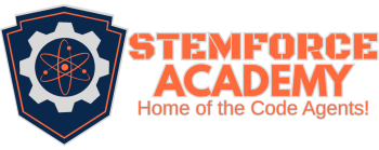 The Stemforce Academy logo features a navy blue shield with a gear and atom symbol, accompanied by orange text reading 'STEMFORCE ACADEMY - Home of the Code Agents!'