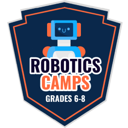 A robotics camp logo badge for grades 6-8 featuring a friendly blue and orange robot centered on a navy shield with orange trim.