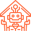 A minimalist line-drawn icon of a friendly robot housed within a house shape, rendered in bright orange against a white background.