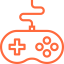 A minimalist line-art illustration of a retro gaming controller in bright orange with a curved cable design.