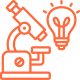 A minimalist line-art icon depicting scientific research tools including a microscope, lightbulb, and telescope, symbolizing discovery and innovation.