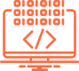 A minimalist orange line illustration of a desktop computer displaying a code editor with programming brackets and binary code symbols.