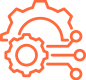 A minimalist line icon illustration showing interconnected gears and mechanical settings in bright orange, representing system configuration or technical processes.