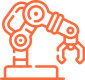 A minimalist line-art illustration of an industrial robotic arm with articulated joints and a gripper hand mounted on a rectangular base platform.