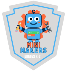 A cheerful robot mascot badge for Mini Makers, an educational program for grades K-2, surrounded by diverse children engaged in creative activities.