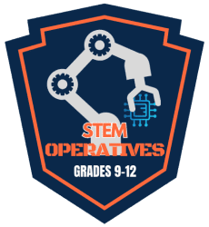 A navy blue and orange shield badge for STEM Operatives program designed for grades 9-12, featuring robotic and technological imagery.