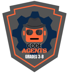 A shield-shaped badge logo for Code Agents, a grades 3-8 educational program, featuring an orange robot character wearing sunglasses and a cowboy hat.