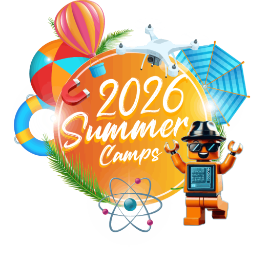 A vibrant 2026 Summer Camps promotional logo featuring a golden circular background with colorful summer-themed illustrations including hot air balloons, beach umbrellas, and a cheerful robot character.