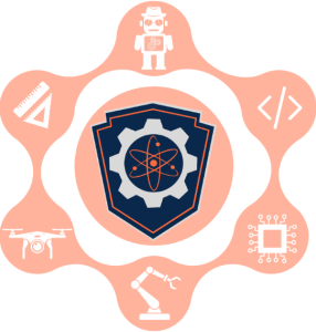 A circular infographic with a central shield badge containing a gear and atom symbol, surrounded by coral-orange rounded sections featuring icons representing robotics, coding, artificial intelligence, and technology development.